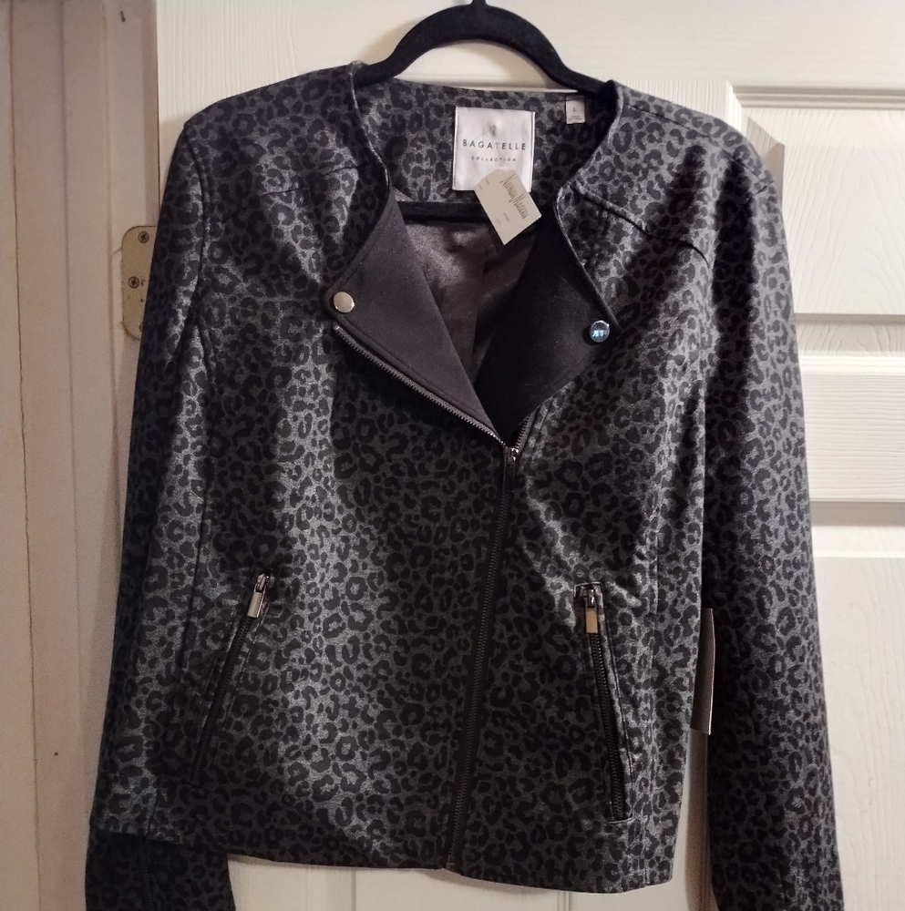 NWT Beautiful Bagatelle Women's Leopard Print Moto Jacket - Black and Gray
